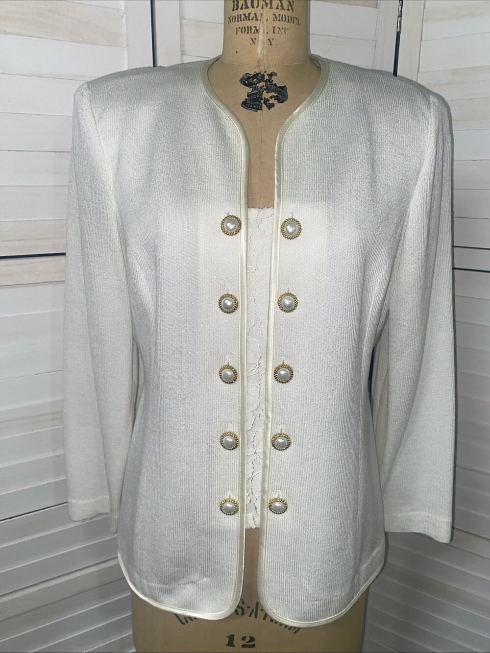 80s 90s Leslie Fay Dresses Petite Cream Sweater Knit Blouse Top Shirt Sz 14P